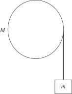 A cinder block of mass m = 4.0 kg is hung from a nylon string that is wrapped around a frictionless pulley having the shape of a cylindrical shell, as shown in the figure. If the cinder block accelerates downward at 4.90 m/s<sup>2</sup> when it is released, what is the mass M of the pulley?