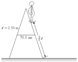 <strong>A stepladder consists of two halves that are hinged at the top and connected by a tie rod which keeps the two halves from spreading apart. In this particular instance, the two halves are 2.5 m long, the tie rod is connected to the center of each half and is 70 cm long. An 800-N person stands 3/5 of the way up the stepladder, as shown in the figure. The ladder is light enough that we can neglect its weight, and it rests on an extremely smooth floor. What is the tension in the tie rod? (Note: To solve this problem, it is helpful to imagine cutting the ladder in half vertically and consider the forces and torques acting on each half of the ladder.) </strong> A) 140 N B) 240 N C) 280 N D) 360 N E) 560 N