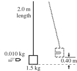 As shown in the figure, a bullet of mass 0.010 kg moving horizontally suddenly strikes a block of wood of mass 1.5 kg that is suspended as a pendulum. The bullet lodges in the wood, and together they swing upward a vertical distance of 0.40 m. The length of the string is 2.0 m. What was the speed of the bullet just before it struck the wooden block?