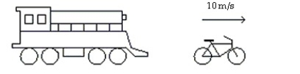As shown in the figure, a man is traveling on a bicycle along a straight road that runs parallel to and right next to some railroad tracks. While moving at 10 m/s, he hears the whistle of a train that is behind him, as shown in the figure. The frequency emitted by the train's whistle is   but the frequency the man hears is   The speed of sound is 340 m/s. (a) What frequency is heard by a stationary observer located between the train and the bicycle? (b) What is the speed of the train, and is the train traveling away from or toward the bicycle?  <div style=padding-top: 35px> 