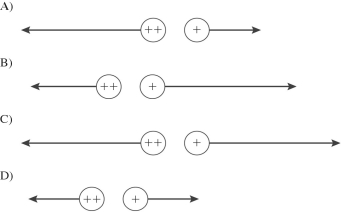 Two small identically charged balls are a certain distance apart. The vectors in the figure show the magnitude and direction of the electrostatic force on each ball due to the other one. Suppose that the charge on the left ball is now doubled (represented by two plus signs). Which vector diagram below best represents the forces that now act on each of the two balls?    <div style=padding-top: 35px> 