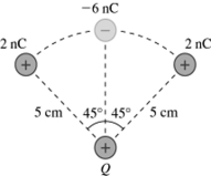 <strong>As shown in the figure, three small charges are equally spaced on the arc of a circle that is centered at the charge Q, where Q = +23 nC and all the other quantities are accurate to two significant figures. What is the magnitude of the net electric force on the charge Q due to the other three charges? (k = 1/4πε<sub>0</sub> = 9.0 × 10<sup>9</sup> N ∙ m<sup>2</sup>/C<sup>2</sup>)  </strong> A) 2.6 × 10<sup>-4</sup> N B) 1.7 × 10<sup>-4</sup> N C) 2.1 × 10<sup>-4</sup> N D) 3.1 × 10<sup>-4</sup> N <div style=padding-top: 35px> 