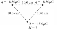 Two point charges q = -8.50 µC are fixed 10.0 cm apart along a horizontal bar, as shown in the figure. Their electrical forces will be used to balance the weight of a very small sphere carrying a charge Q = + 15.0 \mu \mathrm { C } 10.0 cm from each of them in a place where g = 9.80 m/s2. What is the greatest mass M this sphere can have without falling? (k = 1/4πε<sub>0</sub> = 8.99 × 10<sup>9</sup> N ∙ m<sup>2</sup>/C<sup>2</sup>)