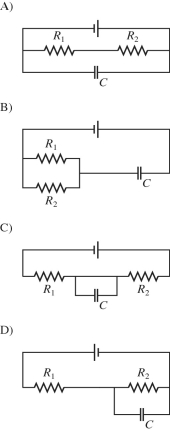 Draw a circuit consisting of a battery connected to two resistors, R<sub>1</sub> and R<sub>2</sub>, in series with each other and a capacitor C connected across the resistors.