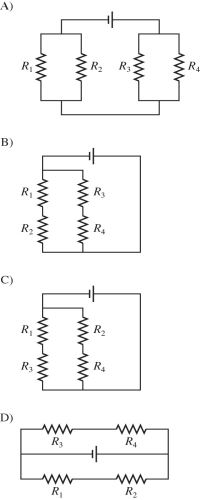 Draw a circuit with a battery connected to four resistors, R<sub>1</sub>, R<sub>2</sub>, R<sub>3</sub>, and R<sub>4</sub>, as follows. Resistors R<sub>1 </sub>and R<sub>2 </sub>are connected in parallel with each other, resistors R<sub>3 </sub>and R<sub>4 </sub>are connected in parallel with each other, and both parallel sets of resistors are connected in series with each other across the battery.
