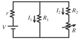 <strong>In the circuit shown in the figure, the resistor R has a variable resistance. As R is decreased, what happens to the currents? </strong> A) I<sub>1</sub> remains unchanged and I<sub>2</sub> increases. B) I<sub>1</sub> decreases and I<sub>2</sub> decreases. C) I<sub>1</sub> decreases and I<sub>2</sub> increases. D) I<sub>1</sub> increases and I<sub>2</sub> decreases. E) I<sub>1</sub> increases and I<sub>2</sub> increases.