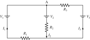 For the circuit shown in the figure, write the Kirchhoff loop equation for the entire outside loop. Notice the directions of the currents!