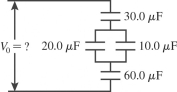A network of capacitors is connected across a potential difference V<sub>0</sub> as shown in the figure. (a) What should V<sub>0</sub> be so that the 60.0-µF capacitor will have 18.0 µC of charge on each of its plates? (b) Under the conditions of part (a), how much total energy is stored in this network of capacitors?