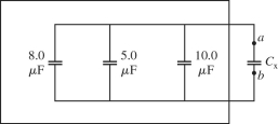 <strong>A network of capacitors is mostly inside a sealed box, but one capacitor C<sub>X</sub> is sticking out, as shown in the figure. When you connect a multimeter across points a and b, it reads 27.0 µF. What is C<sub>X</sub>? </strong> A) 27.0 µF B) 23.0 µF C) 4.0 µF D) 2.4 µF E) 2.2 µF