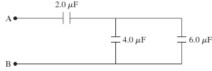 <strong>Three capacitors are connected as shown in the figure. What is the equivalent capacitance between points A and B? </strong> A) 12 μF B) 4.0 μC C) 7.1 μF D) 1.7 μF E) 8.0 μF