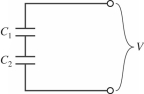 <strong>Two capacitors are connected as shown in the figure, with C<sub>1</sub> = 4.0 µF and C<sub>2</sub> = 7.0 µF. If a voltage source V = 90 V is applied across the combination, find the potential difference across C<sub>1</sub>. </strong> A) 57 V B) 36 V C) 60 V D) 9.0 V