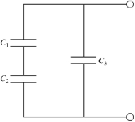 <strong>Three capacitors of equal capacitance are arranged as shown in the figure, with a voltage source across the combination. If the voltage drop across C<sub>1</sub> is what is the voltage drop across </strong> A) 20 V B) 10.0 V C) 40 V D) 30 V