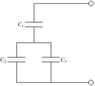 <strong>Three capacitors are arranged as shown in the figure, with a voltage source connected across the combination. C<sub>1</sub> has a capacitance of has a capacitance of and has a capacitance of Find the potential drop across the entire arrangement if the potential drop across C<sub>2</sub> is </strong> A) 1500 V B) 1000 V C) 470 V D) 430 V