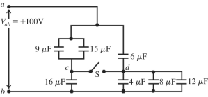 <strong>The capacitive network shown in the figure is assembled with initially uncharged capacitors. Assume that all the quantities in the figure are accurate to two significant figures. The switch S in the network is kept open throughout. What is the total energy stored in the seven capacitors? </strong> A) 48 mJ B) 72 mJ C) 96 mJ D) 120 mJ E) 144 mJ