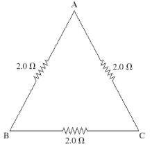 <strong>Three 2.0-Ω resistors are connected to form the sides of an equilateral triangle ABC as shown in the figure. What is the equivalent resistance between any two points, AB, BC, or AC, of this circuit? </strong> A) 2.0 Ω B) 6.0 Ω C) 4.3 Ω D) 3.3 Ω E) 1.3 Ω