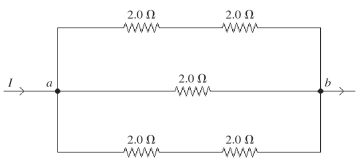 <strong>Five 2.0-Ω resistors are connected as shown in the figure. What is the equivalent resistance of this combination between points a and b? </strong> A) 1.0 Ω B) 10.0 Ω C) 2.0 Ω D) 6.0 Ω E) 0.40 Ω