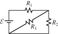 For the circuit shown in the figure, R<sub>1</sub> = 5.6 Ω, R<sub>2</sub> = 5.6 Ω, R<sub>3</sub> = 14 Ω, and ε = 6.0 V, and the battery is ideal. (a) What is the equivalent resistance across the battery? (b) Find the current through each resistor.