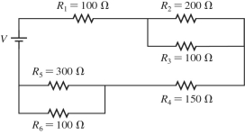 If emf of the ideal battery is V = 100 V, what is the potential difference across R<sub>5</sub> for the circuit shown in the figure?
