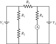 In the circuit shown in the figure, R<sub>1</sub> = R<sub>2</sub> = 90.0 Ω, R<sub>3</sub> = R<sub>4</sub> = 20.0 Ω, V<sub>1</sub> = 7.0 V, V<sub>2</sub> = 8.0 V, and the batteries are both ideal. What current does the ammeter read?