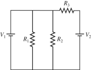 In the circuit shown in the figure, R<sub>1</sub> = 60 Ω, R<sub>2</sub> = 120 Ω, R<sub>3</sub> = 180 Ω, V<sub>1</sub> = 3.0 V, V<sub>2</sub> = 6.0 V, and the batteries are both ideal. What is the current through R<sub>1</sub>?