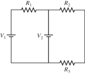 In the circuit shown in the figure, R<sub>1</sub> = 10 Ω, R<sub>2</sub> = 12 Ω, R<sub>3</sub> = 20 Ω, V<sub>1</sub> = 1.0 V, V<sub>2</sub> = 7.0 V, and the batteries are both ideal. What is the current through R<sub>1</sub>?