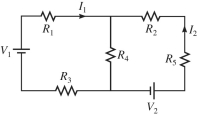 For the circuit shown in the figure, R<sub>1</sub> = 18 Ω, R<sub>2</sub> = 44 Ω, R<sub>3</sub> = 33 Ω, R<sub>4</sub> = 14 Ω, R<sub>5</sub> = 12 Ω, V<sub>1 </sub>= 18<sub> </sub>V, V<sub>2</sub> = 12 V, and the batteries are ideal. Determine I<sub>1</sub> and I<sub>2</sub>.