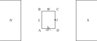 <strong>A rectangular coil, with corners labeled ABCD, has length L and width w. It is placed between the poles of a magnet, as shown in the figure. If there is a current I flowing through this coil in the direction shown, what is the direction of the force acting on section CD of this coil? </strong> A) perpendicular to and into the page B) perpendicular to and out of the page C) in the direction of the magnetic field D) in the opposite direction of the magnetic field E) The force is zero.