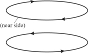 <strong>A ring with a clockwise current (as viewed from above the ring) is situated with its center directly above another ring, which has a counter-clockwise current, as shown in the figure. In what direction is the net magnetic force exerted on the top ring due to the bottom ring? </strong> A) upward B) downward C) to the left D) to the right E) The net force is zero.