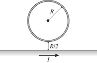 <strong>A single current-carrying circular loop of radius R is placed next to a long, straight wire, as shown in the figure. The current I in the wire flows to the right. In which direction must current flow in the loop to produce a net magnetic field of zero at its center? </strong> A) counterclockwise B) clockwise C) It could be either clockwise or counterclockwise. D) The current in the loop should be zero.