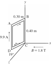 A rigid rectangular loop, measuring 0.30 m by 0.40 m, carries a current of 9.9 A, as shown in the figure. A uniform external magnetic field of magnitude 1.8 T in the -x direction is present. Segment CD is in the xz-plane and forms a 19° angle with the z-axis, as shown. What is the y component of the magnetic force on segment AB of the loop?
