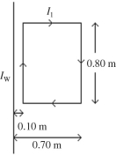 In the figure, a rectangular current loop is carrying current I<sub>1</sub> = 7.0 A, in the direction indicated, near a long wire carrying a current I<sub>w</sub>. The long wire is parallel to the sides of the rectangle. The rectangle loop has length 0.80 m and its sides are 0.10 m and 0.70 m from the wire. If the net force on the loop is to have magnitude 1.7 \times 10 ^ { - 6 } \mathrm {~N} and is to be directed towards the wire, what must be the magnitude and direction (from top to bottom or from bottom to top in the sketch) of the current I<sub>w</sub> in the wire? (μ<sub>0</sub> = 4π × 10<sup>-7</sup> T ∙ m/A)