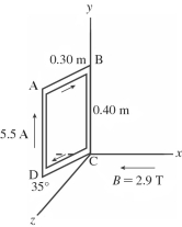 A rigid rectangular loop, measuring 0.30 m by 0.40 m, carries a current of 5.5 A, as shown in the figure. A uniform external magnetic field of magnitude 2.9 T in the -x direction is present. Segment CD is in the xz-plane and forms a 35° angle with the z-axis, as shown. What is the magnitude of the torque that the magnetic field exerts on the loop?