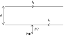  In the figure, the two long straight wires are separated by a distance of  d = 0.40 \mathrm {~m}  The currents are  I_ 1  = 1.0 A to the right in the upper wire and  I _ { 2 }  = 8.0 A to the left in the lower wire. What are the magnitude and direction of the magnetic field at point P, that is a distance  d / 2 = 0.20 \mathrm {~m}  below the lower wire? (μ<sub>0</sub> = 4π × 10<sup>-7</sup> T ∙ m/A)   