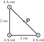 Three very long, straight, parallel wires each carry currents of 4.0 A, directed out of the page as shown in the figure. These wires pass through the vertices of a right isosceles triangle as shown. Assume that all the quantities shown in the figure are accurate to two significant figures. What is the magnitude of the magnetic field at point P at the midpoint of the hypotenuse of the triangle? (μ<sub>0</sub> = 4π × 10<sup>-7</sup> T ∙ m/A)