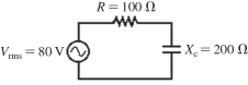 As shown in the figure, an ac source whose rms voltage is 80 V is in series with a 100-Ω resistor and a capacitor whose reactance is 200 Ω at the frequency of the source. What is the rms voltage across the capacitor?