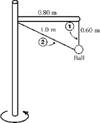 <strong>A ball of mass 5.0 kg is suspended by two wires from a horizontal arm that is attached to a vertical shaft, as shown in the figure. The shaft is in uniform rotation about its axis. The rate of rotation is adjusted until the tensions in the two wires are EQUAL. At that speed, the radial acceleration of the ball is closest to </strong> A) 4.9 m/s<sup>2</sup>. B) 5.9 m/s<sup>2</sup>. C) 6.9 m/s<sup>2</sup>. D) 7.9 m/s<sup>2</sup>. E) 9.9 m/s<sup>2</sup>.