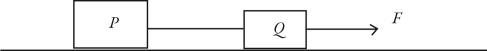 <strong>Two bodies P and Q on a smooth horizontal surface are connected by a light cord. The mass of P is greater than that of Q. A horizontal force <sub> </sub>(of magnitude F) is applied to Q as shown in the figure, accelerating the bodies to the right. The magnitude of the force exerted by the connecting cord on body P will be </strong> A) zero. B) less than F but not zero. C) equal to F. D) greater than F.