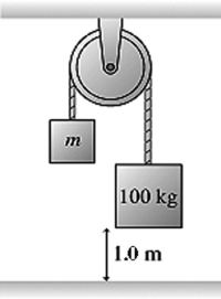 <strong>The figure shows a 100-kg block being released from rest from a height of 1.0 m. It then takes it 0.90 s to reach the floor. What is the mass m of the other block? The pulley has no appreciable mass or friction. </strong> A) 60 kg B) 54 kg C) 48 kg D) 42 kg