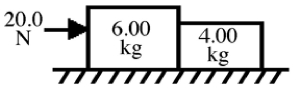 <strong>A 6.00-kg block is in contact with a 4.00-kg block on a horizontal frictionless surface as shown in the figure. The 6.00-kg block is being pushed by a horizontal 20.0-N force as shown. What is the magnitude of the force that the 6.00-kg block exerts on the 4.00-kg block? </strong> A) 6.00 N B) 20.0 N C) 8.00 N D) 4.00 N E) 10.0 N