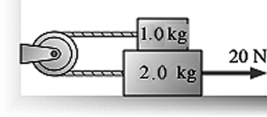 <strong>A rope pulls on the lower block in the figure with a tension force of 20 N. The coefficient of kinetic friction between the lower block and the surface is 0.16. The coefficient of kinetic friction between the lower block and the upper block is also 0.16. The pulley has no appreciable mass or friction. What is the acceleration of the 2.0 kg block? </strong> A) 4.1 m/s<sup>2</sup> B) 5.1 m/s<sup>2</sup> C) 8.4 m/s<sup>2</sup> D) 9.2 m/s<sup>2</sup>