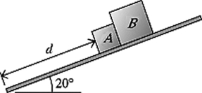 <strong>The figure shows two packages that start sliding down a 20° ramp from rest a distance d = 6.6 m along the ramp from the bottom. Package A has a mass of 5.0 kg and a coefficient of kinetic friction 0.20 between it and the ramp. Package B has a mass of 10 kg and a coefficient of kinetic friction 0.15 between it and the ramp. How long does it take package A to reach the bottom? </strong> A) 2.7 s B) 3.0 s C) 3.2 s D) 3.5 s