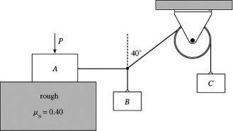 <strong>A system of blocks and a frictionless pulley is shown in the figure. Block A has a mass of 2.0 kg and is on a rough horizontal surface for which μ<sub>s</sub> = 0.40 between the surface and block A. The rope pulls horizontally on block A. Block C has a mass of 1.0 kg. An external force P = 23.0 N, applied vertically to block A, maintains the system at rest as shown in the figure. What is the friction force on block A? </strong> A) 6.3 N B) 6.9 N C) 7.5 N D) 5.7 N E) 5.1 N