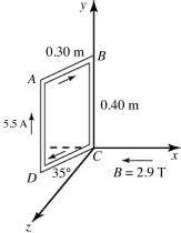 <strong>A rigid rectangular loop, which measures 0.30 m by 0.40 m, carries a current of 5.5 A, as shown in the figure. A uniform external magnetic field of magnitude 2.9 T in the negative x direction is present. Segment CD is in the xz-plane and forms a 35° angle with the z-axis, as shown. Find the magnitude of the external torque needed to keep the loop in static equilibrium.  </strong> A) 1.1 N ∙ m B) 0.73 N ∙ m C) 1.3 N ∙ m D) 1.4 N ∙ m E) 1.6 N ∙ m <div style=padding-top: 35px> 