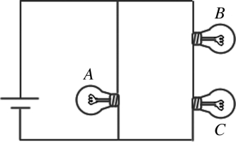 <strong>In the circuit shown in the figure, all the lightbulbs are identical. Which of the following is the correct ranking of the brightness of the bulbs? </strong> A) B and C have equal brightness, and A is the dimmest. B) A and B have equal brightness, and C is the dimmest. C) A is brightest, C is dimmest, and B is in between. D) A is the brightest, and B and C have equal brightness but less than A. E) All three bulbs have the same brightness.