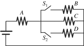 <strong>In the circuit shown in the figure, four identical resistors labeled A to D are connected to a battery as shown. S<sub>1</sub> and S<sub>2</sub> are switches. Which of the following actions would result in the GREATEST amount of current through resistor A? </strong> A) closing both switches B) closing S<sub>1</sub> only C) closing S<sub>2</sub> only D) leaving both switches open as shown.