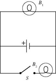 <strong>Two light bulbs, B<sub>1</sub> and B<sub>2</sub>, are connected to a battery having appreciable internal resistance as shown in the figure. What happens to the brightness of bulb B<sub>1</sub> when we close the switch S? </strong> A) The brightness of B<sub>1</sub> increases permanently. B) The brightness of B<sub>1</sub> decreases permanently. C) The brightness of B<sub>1</sub> does not change. D) The brightness of B<sub>1</sub> increases temporarily but gradually decreases back to its original brightness. E) The brightness of B<sub>1</sub> decreases temporarily but gradually increases back to its original brightness.