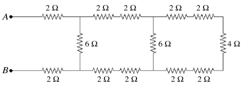 <strong>Thirteen resistors are connected across points A and B as shown in the figure. If all the resistors are accurate to 2 significant figures, what is the equivalent resistance between points A and B? </strong> A) 4.0 Ω B) 6.0 Ω C) 8.0 Ω D) 10 Ω E) 12 Ω