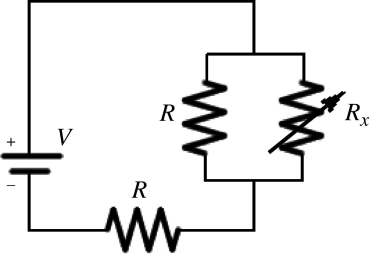<strong>Two identical resistors of resistance R = 24 Ω and a variable resistor R<sub>x</sub> are connected to an ideal battery of voltage V as shown in the figure. What should be the value of the variable resistance R<sub>x</sub> to make the voltage across the two parallel resistors equal to . </strong> A) 4.0 Ω B) 24 Ω C) 8.0 Ω D) 16 Ω E) 40 Ω