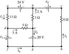 <strong>A multiloop circuit is shown in the figure. It is not necessary to solve the entire circuit. Compared to the polarity shown in the figure, the emf ε<sub>1 </sub>is closest to </strong> A) -5 V. B) 5 V. C) 45 V. D) 51 V. E) -51 V.