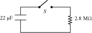 <strong>For the circuit shown in the figure, the switch S is initially open and the capacitor voltage is 80 V. The switch is then closed at time t = 0. How long after closing the switch will the current in the resistor be 7.0 µA? </strong> A) 87 s B) 95 s C) 78 s D) 69 s E) 61 s